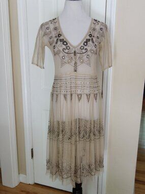 BIYA Sheer Nude Mesh Netted Heavily Beaded Embroidered Boho Dress Large